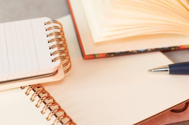 Zarif defter ve kalem, yazmak için boş alan. Resmi not. Günlük, iş defteri. Kapat. Boşluğu kopyala