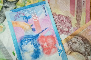 Peru parası. Finansal geçmiş. Peru banknotları. İş konsepti. PEN para birimi sembolü.