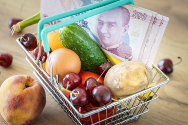 Türkiye 'de gıda fiyatları, ekonomik konsept, yükselen enflasyon ve Türkler için artan yaşam maliyetleri. Market sepeti içinde yiyecek ve bir tomar Türk lirası.