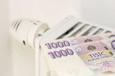 Soğuk radyatör ve czech parası, konsept, enerji fiyat artışı, czech cumhuriyetinin ev finansmanı, elektrik ve doğalgaz maliyetleri