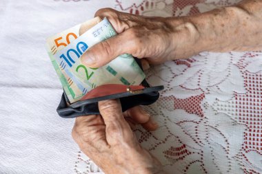 Yaşlı kadın cüzdanında Szwedzkich koron taşıyor. Finansal konsept. Yaşlıların ekonomik durumu