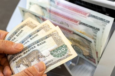 Para sayma makinesinde Nepal Rupisi. Finansal ve iş konsepti. Büyük banknotlar. bankacılık, ekonomi, Nepal 'e yatırım