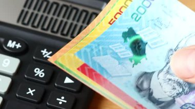 Kosta Rika parası ve hesap makinesi. Kosta Rika 'lı bağırsakları sayan adam. Banknot. Finansal ekonomik konsept. İş geçmişi. Yakın çekim
