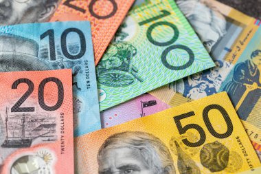 Avustralya parası. Avustralya doları, kağıt faturalar. Finansal konsept, iş geçmişi. Kapat.
