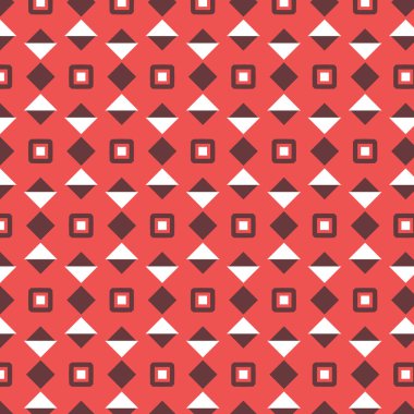 Kırmızı ve beyaz elmas şekilleri ve iç kare tasarımları içeren kusursuz bir geometrik desen. Arka plan, tekstil veya dijital projeler için modern, dengeli bir görsel estetik oluşturur.