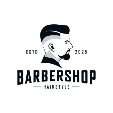 Berber dükkanı logosu ve şık saç kesimi olan yakışıklı bir adam. Vektör illüstrasyonu.