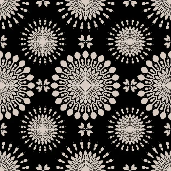 Mandala çiçek deseni. Siyah arka planda mozaik çiçek motifleri. Boncuklu geometrik ızgara izi. Vektör İllüstrasyonu.