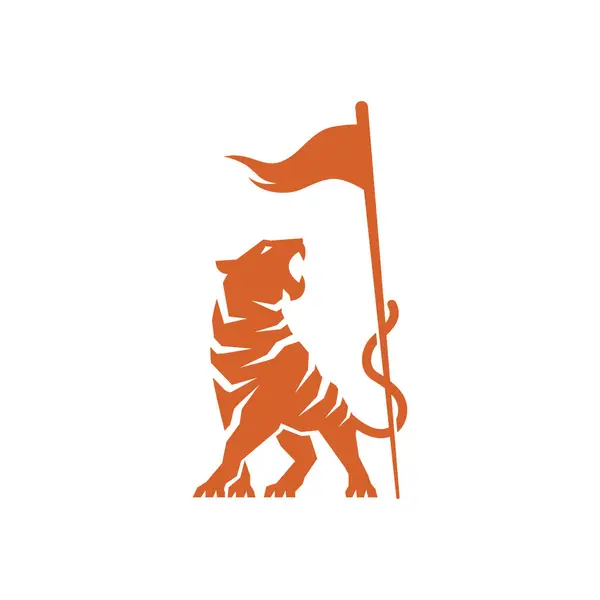 Soyut Tasarım Siluetinde Orange Tiger Logo Holding Flag. Soyut resimleme.