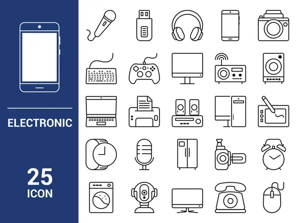 Düzenlenebilir Elektronik simge koleksiyonu. Vektör çizimleri. Elektronik ekipman, cep telefonu, mikrofon, monitör, yazıcı, saat, çamaşır makinesi, kol saati, radyo, fare içerir.