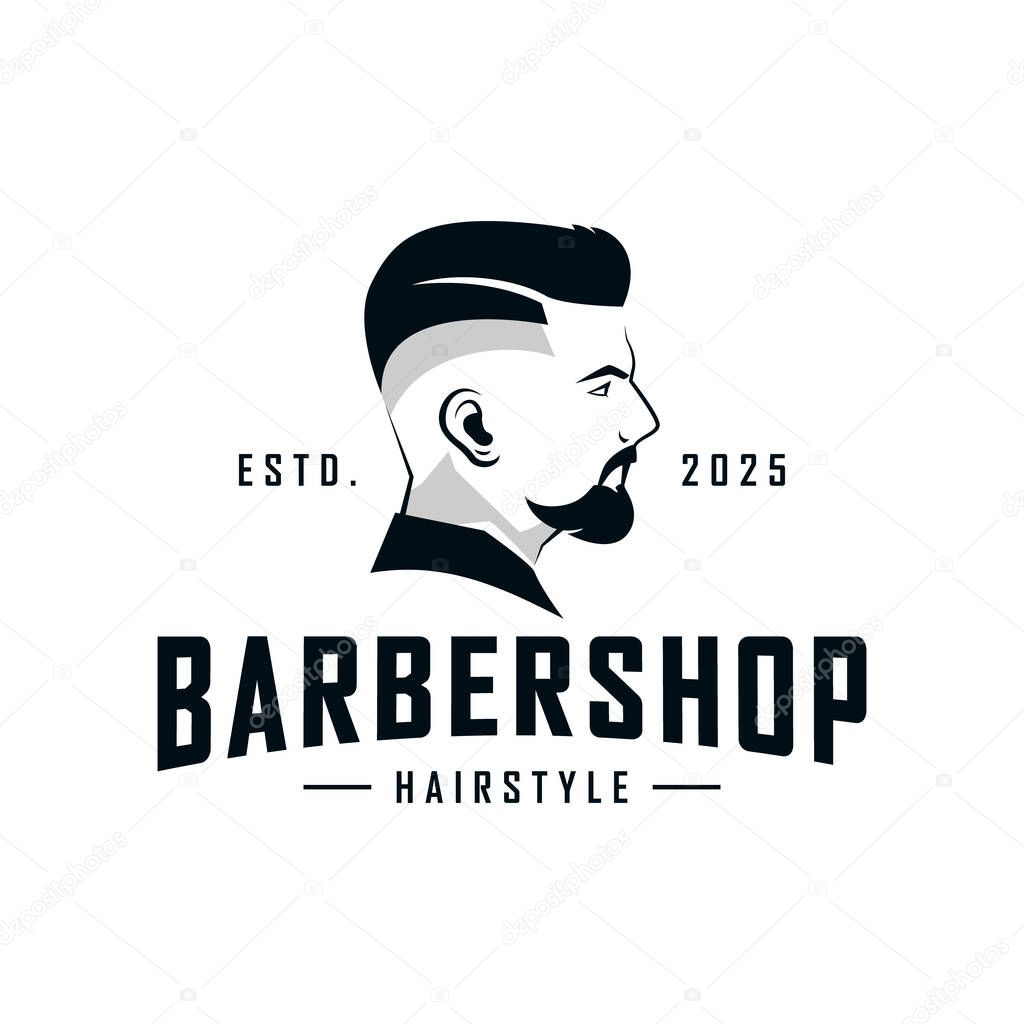 Barber shop logo with handsome man with stylish haircut. Vector illustration.