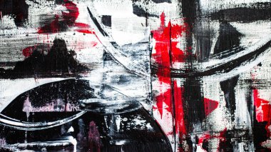 Abstract background on a rough canvas. Paint strokes, stains, lines, stripes, waves, circles. Colors red, white, black. Chaos, war, confusion, revenge, lies.