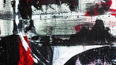 Abstract background on a rough canvas. Paint strokes, stains, lines, stripes, waves, circles. Colors red, white, black. Chaos, war, confusion, revenge, lies.