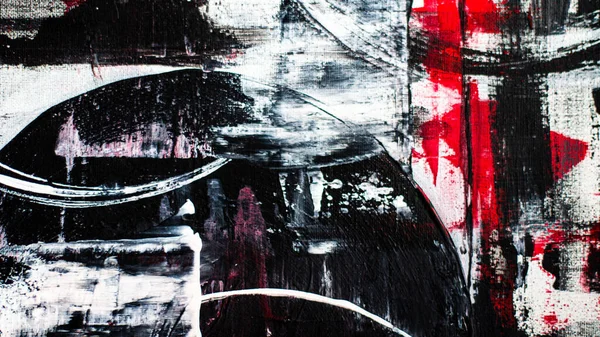 Abstract background on a rough canvas. Paint strokes, stains, lines, stripes, waves, circles. Colors red, white, black. Chaos, war, confusion, revenge, lies.