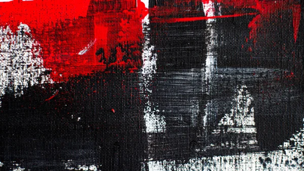 Abstract background on a rough canvas. Paint strokes, stains, lines, stripes, waves, circles. Colors red, white, black. Chaos, war, confusion, revenge, lies.