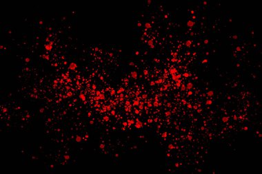 Black background with drops, dots, blots, megumi and dust. Red.