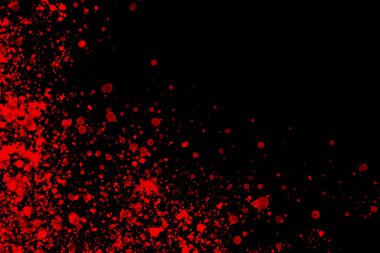 Black background with drops, dots, blots, megumi and dust. Red.