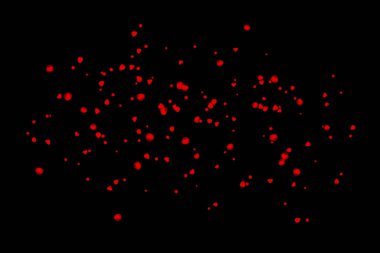 Black background with drops, dots, blots, megumi and dust. Red.