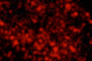 Black background with red stains, blur. Multi-colored sequins, stars, dust, glitter.