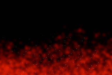 Black background with red stains, blur. Multi-colored sequins, stars, dust, glitter.