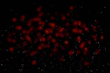 Black background with red stains, blur. Multi-colored sequins, stars, dust, glitter.