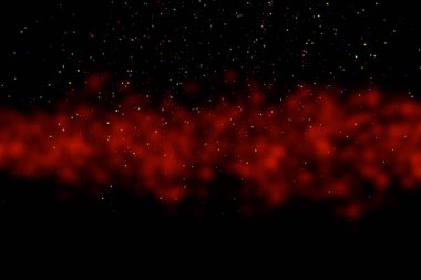 Black background with red stains, blur. Multi-colored sequins, stars, dust, glitter.