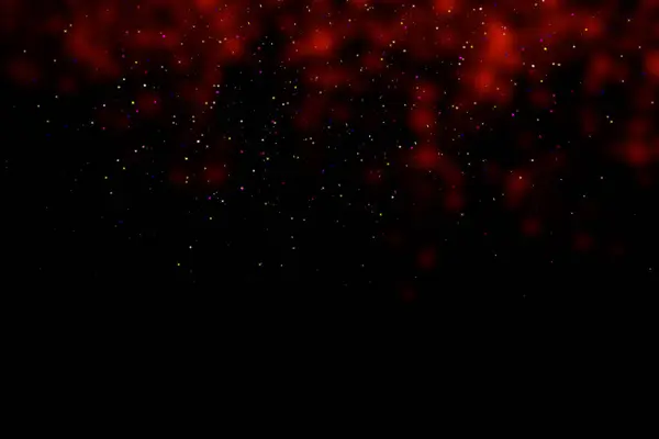 Black background with red stains, blur. Multi-colored sequins, stars, dust, glitter.