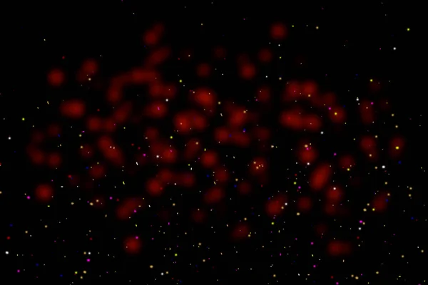 Black background with red stains, blur. Multi-colored sequins, stars, dust, glitter.
