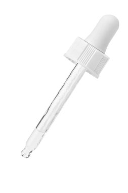 Beyaz kapaklı kozmetik pipeti damlayan ve akan sıvıyla birlikte. Hyaluronik asit. Yüze serum. Nemlendirici.