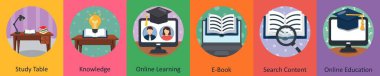 Çalışma tablosu, bilgi ve çevrimiçi öğrenme olarak 6 farklı simge