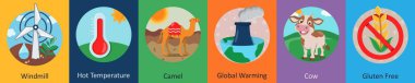 Yel değirmeni, sıcak hava ve deve olarak 6 ikon.