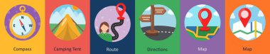 Pusula, kamp çadırı ve güzergah olarak 6 farklı simge.