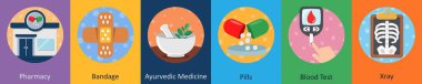 Eczane, bandaj, ayurvedic ilaç olarak 6 farklı ikon.
