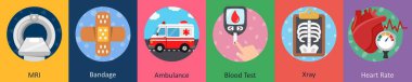 MRI, bandaj, ambulans, kan testi gibi 6 farklı ikon.