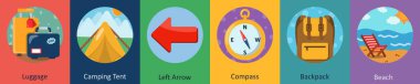 Bagaj, kamp çadırı ve sol ok şeklinde 6 farklı ikon.