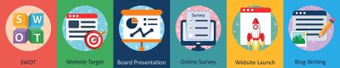 Swot, websitesi hedefi, tahta sunumu olarak 6 karışık simge seti