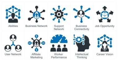 Yetenek, iş ağı ve destek ağı olarak 10 iş simgesinden oluşan bir set