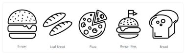 Hamburger, somun ekmek ve pizza olarak 5 yemek ikonu.
