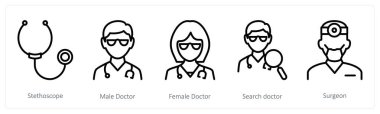 Steteskop olarak 5 tıbbi ikon, erkek doktor, kadın doktor.