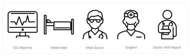 EKG makinesi olarak 5 tıbbi ikon seti, hasta yatağı, erkek doktor.