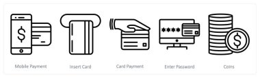Mobil ödeme olarak 5 adet alışveriş simgesi, giriş kartı, kart ödemesi