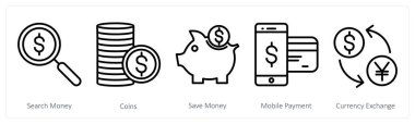 Arama parası, madeni para, tasarruf için 5 adet alışveriş simgesi