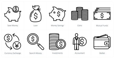 Tasarruf, kredi ve tasarruf olarak 10 iş simgesi
