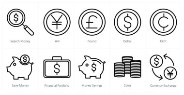 Arama parası, yen, pound olarak 10 iş simgesi