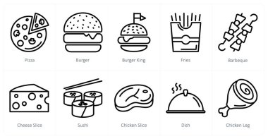 Pizza, burger ve hamburger gibi 10 yemek ikonu.