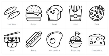 Ekmek, hamburger, ekmek gibi 10 yemek ikonu.