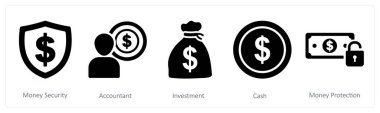 Para güvenliği, muhasebeci ve yatırım olarak 5 iş ikonu.