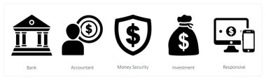 Banka, muhasebeci ve para güvenliği olarak beş iş ikonu.