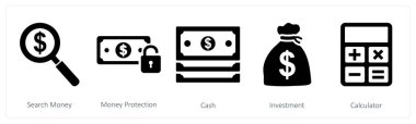 Arama parası, para koruması, nakit olarak 5 iş simgesi