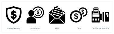 Para güvenliği, muhasebeci ve posta olarak 5 iş simgesi.