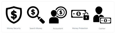 Para güvenliği için 5 iş ikonu, para gönder, muhasebeci.